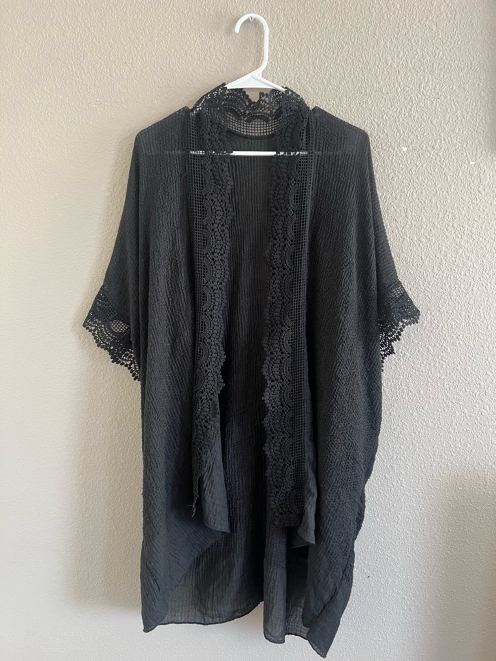 Black Lace-Trim Kimono Swim Coverup